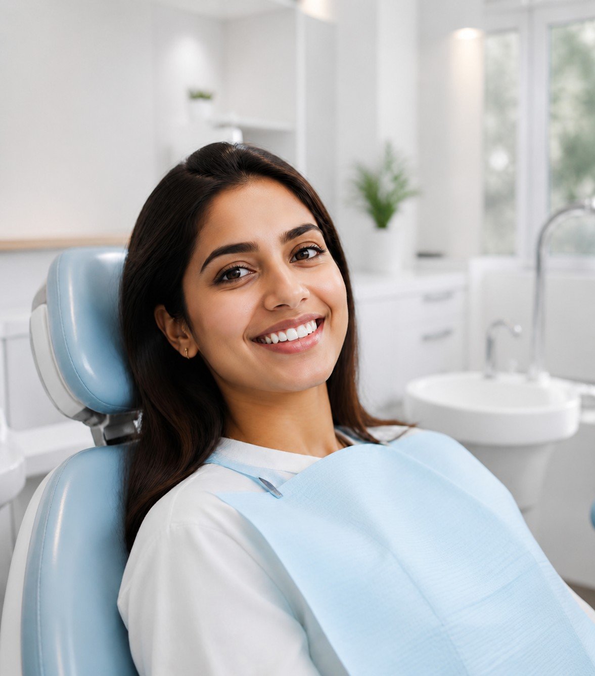 Smiling Indian patient in a modern dental chair at Hema Dental, Hubballi