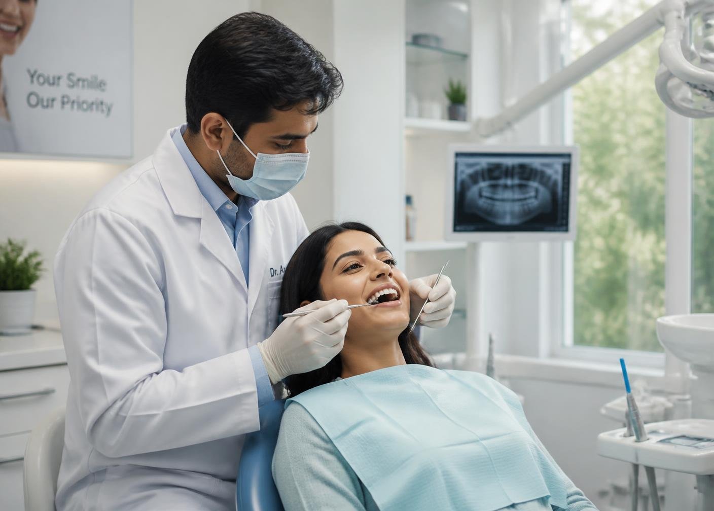 Indian dentist treating a patient at Hema Dental Hubballi